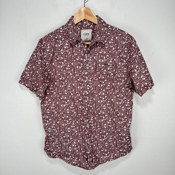 Katin Button Shirt Men Medium Maroon White Geometric Triangles 100% Cotton‎ - Picture 1 of 7